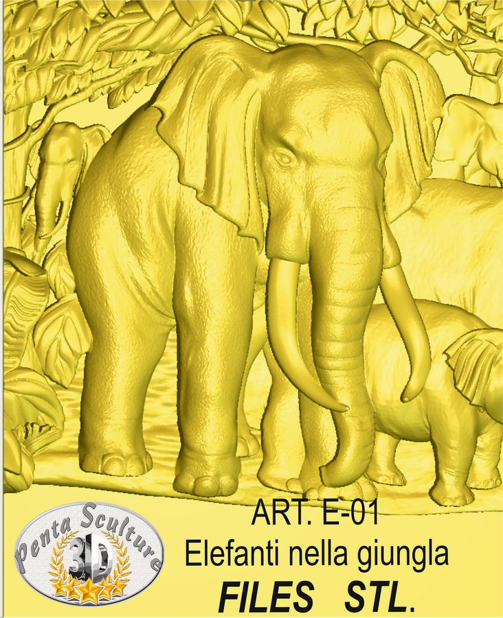 Elefanti nella giungla STL bassorilievo per CNC pantografi Art. E-01 - immagine 2