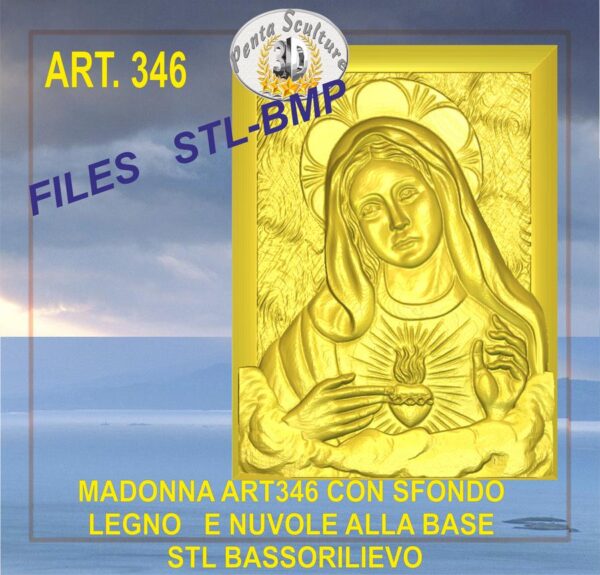Madonna_con_sfondo_legno_e_nuvole_alla_base_STL_bassorilievo_per_CNC_pantografi_ art.346